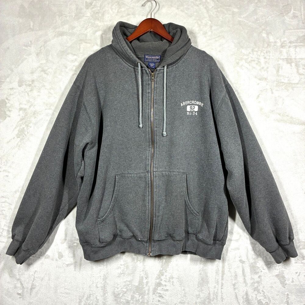 Vintage Abercrombie & Fitch Gray Full Zip Hoodie Men L Thermal Waffle Lined Y2K
